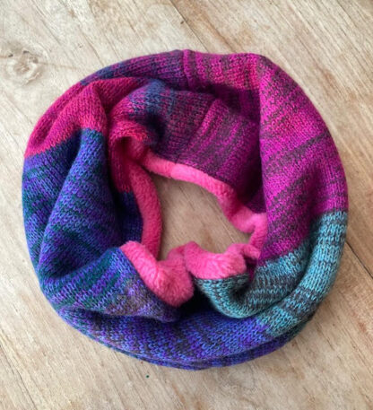 Plum Stripe Neckwarmer with Pink Fleece Lining